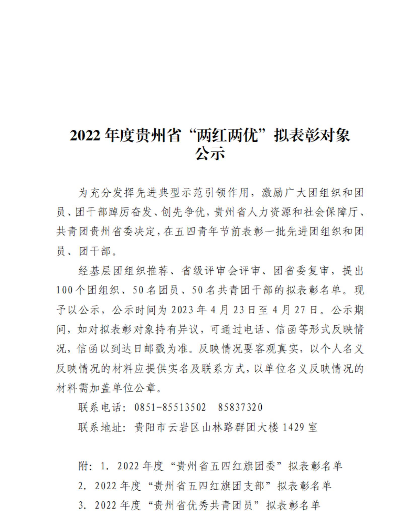 2022年度贵州省“两红两优”拟表彰对象公示